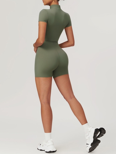 High-Neck Short Sleeve Zip-Up Fitting Activewear Bodysuit