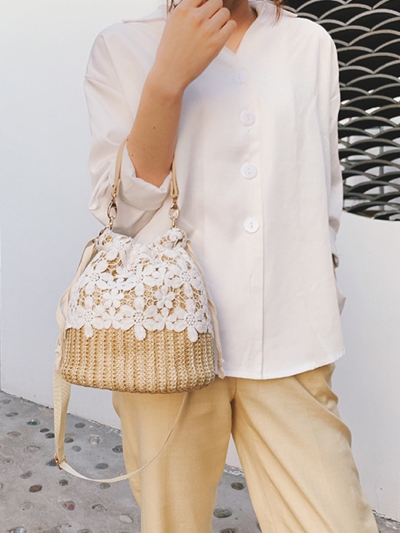 Versatile Lace-Accented Woven Crossbody Bucket Bag