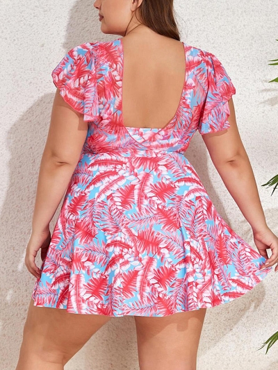 Plus Size Digital Print One-Piece Swimsuit with Sleeves & Skirted Bottom