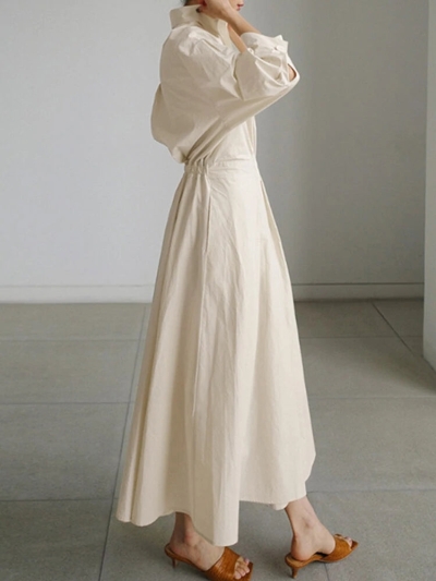 Solid Pocket Button Lapel Maxi Shirt Casual Dress