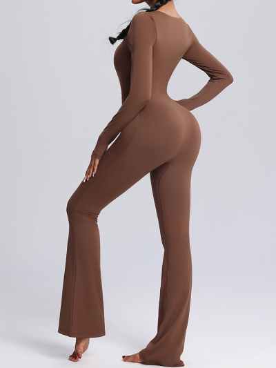 Seamless Full-Body Long-Sleeve Yoga One-Pieces with Square Neckline