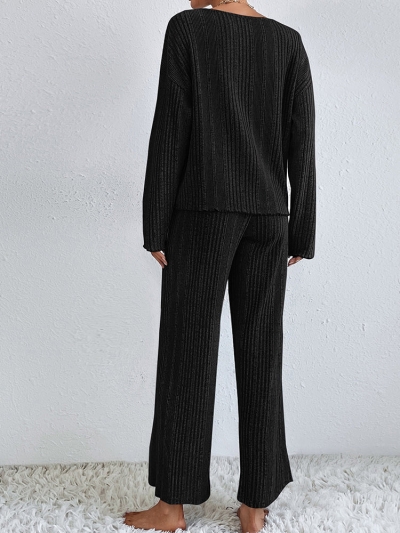 Ribbed Knit Lounge Set with V-Neck for Women