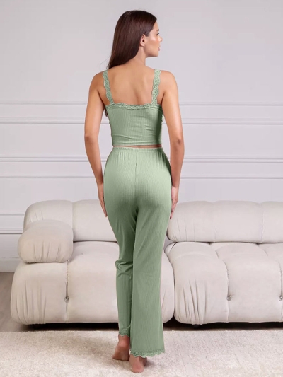 Comfort Lace Strap Tank Top and Long Pants Loungewear Set