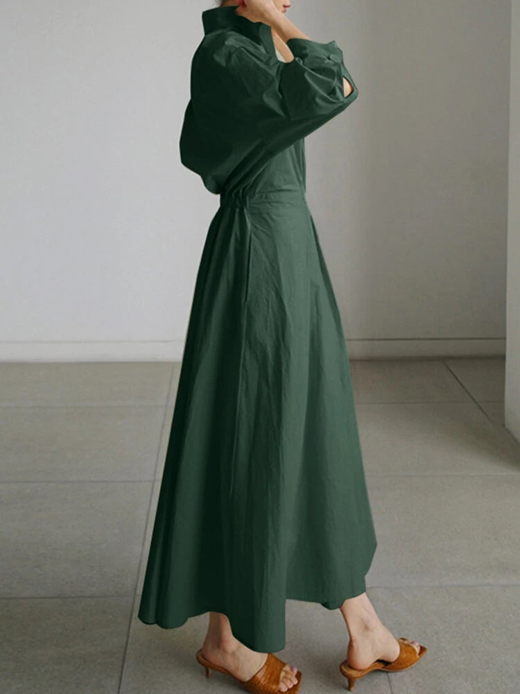 Solid Pocket Button Lapel Maxi Shirt Casual Dress