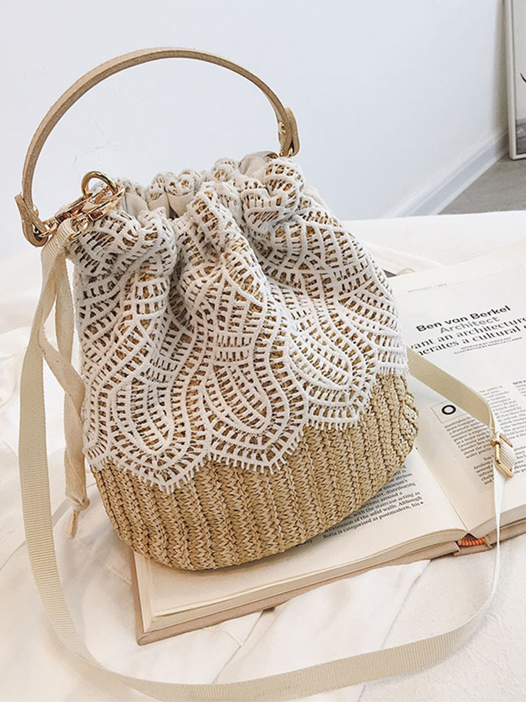 Versatile Lace-Accented Woven Crossbody Bucket Bag