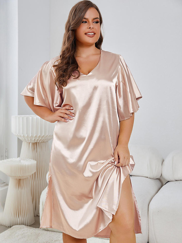 Satin V-Neck Nightdress with Flutter Sleeves
