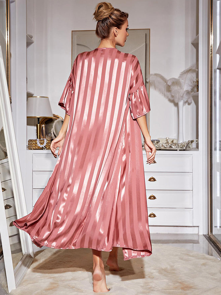 Satin Striped Loose-Fit Nightdress with Matching Robe