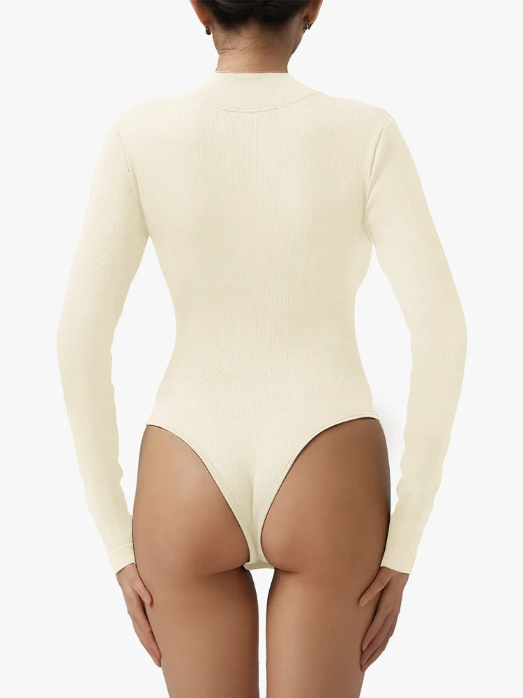 Ribbed Zipper Crotch Opening High Neck Long Sleeve Thong Bodysuits