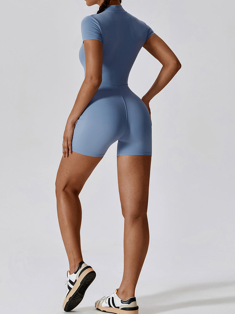 High-Neck Short Sleeve Zip-Up Fitting Activewear Bodysuit
