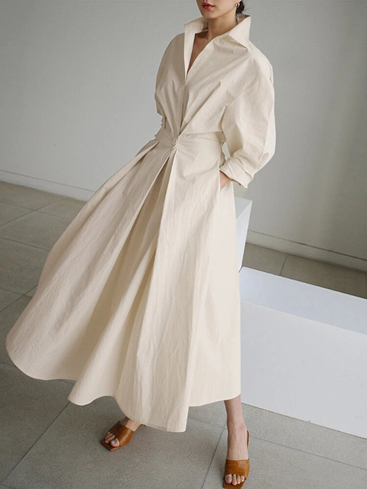 Solid Pocket Button Lapel Maxi Shirt Casual Dress