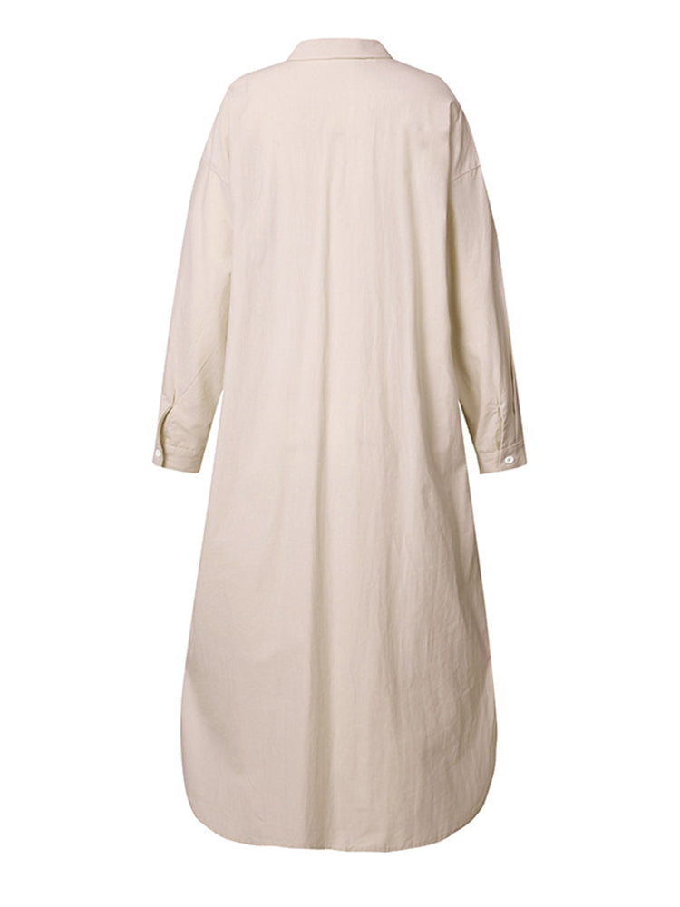 Solid Color Casual Long Sleeve Cotton Shirt Dresses