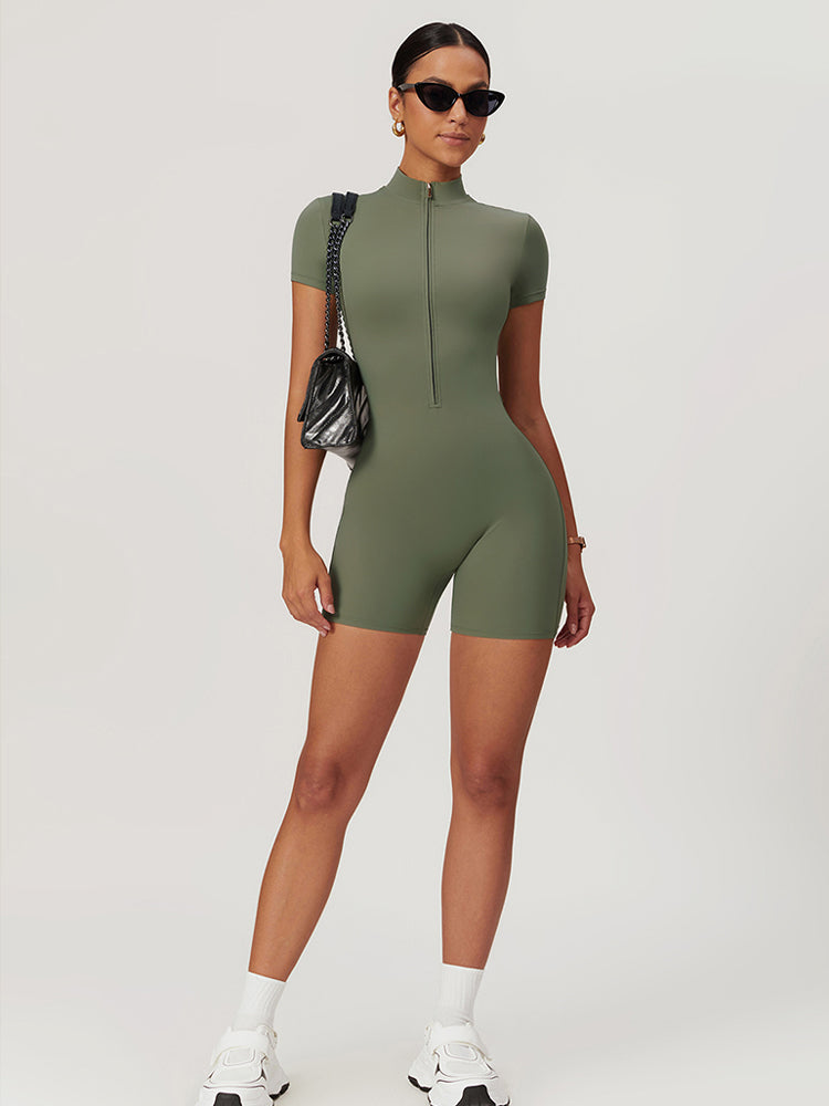 High-Neck Short Sleeve Zip-Up Fitting Activewear Bodysuit