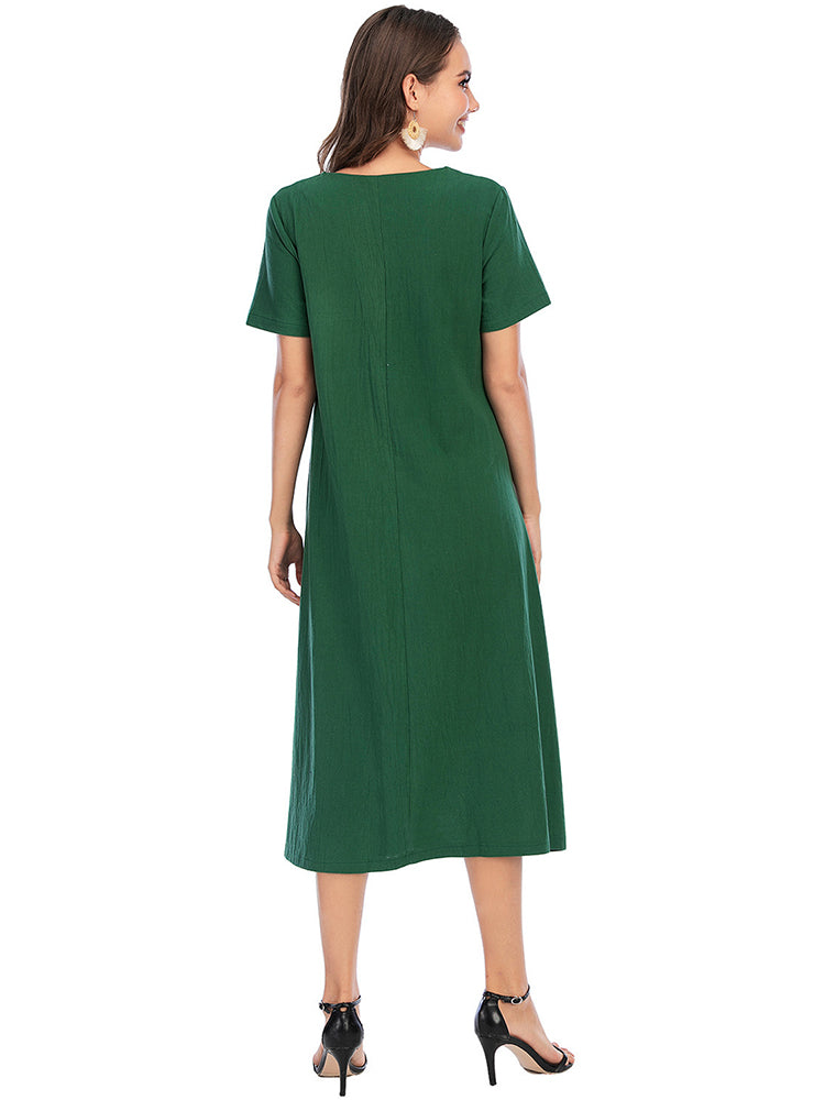 Vintage Short Sleeve V Neck Pockets Dresses