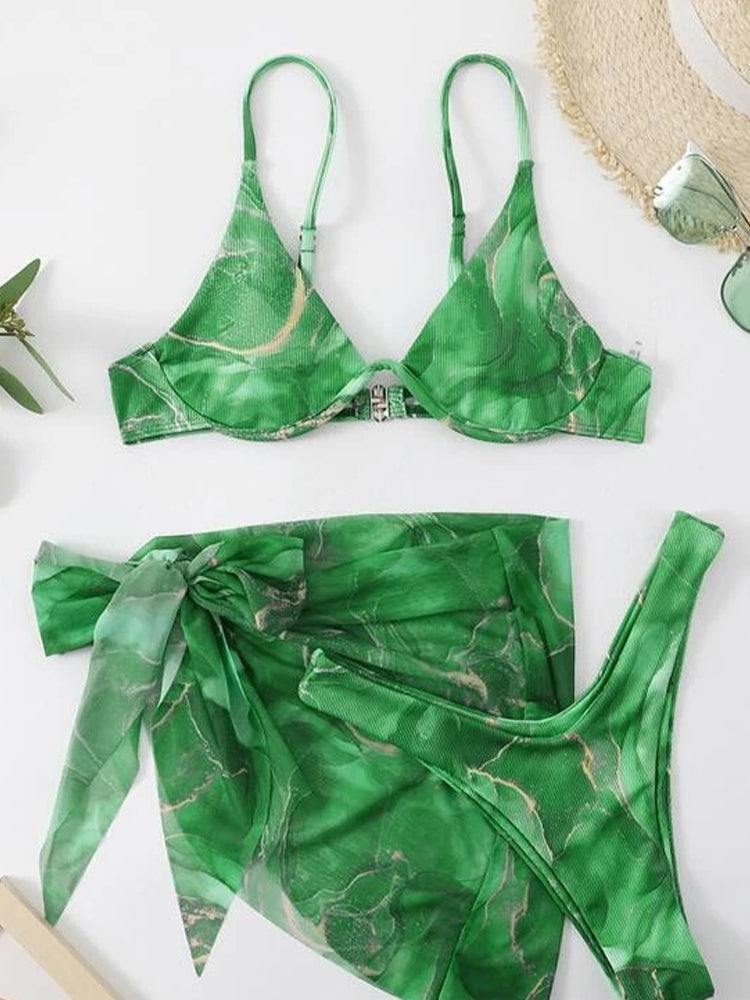 Women's Sexy 3-Piece Ribbed Underwire Bikini Set