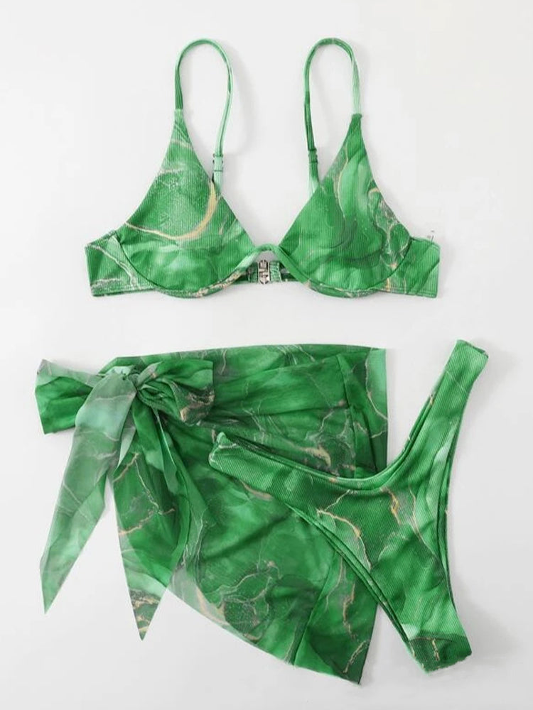 Women's Sexy 3-Piece Ribbed Underwire Bikini Set