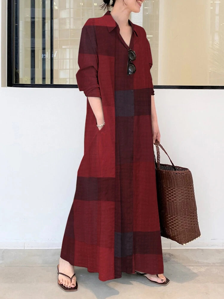Vintage Plaid Stand Collar Pocket Maxi Shirt Dresses