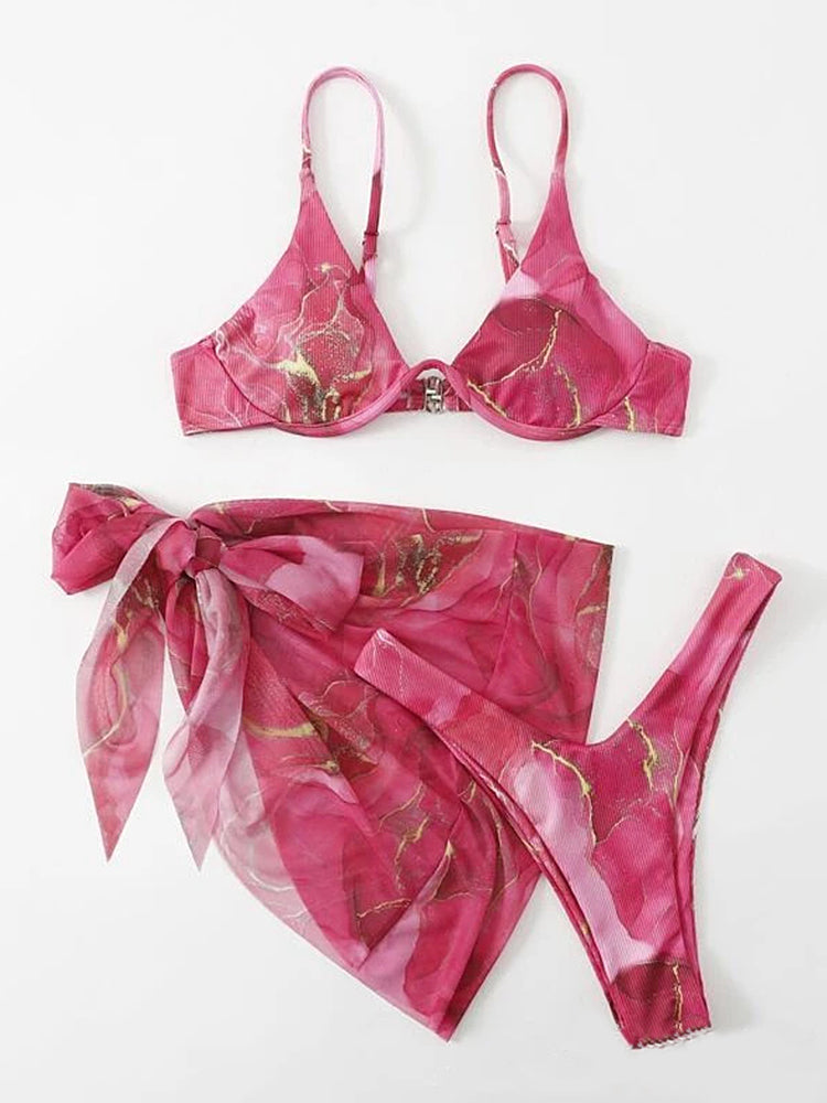 Women's Sexy 3-Piece Ribbed Underwire Bikini Set