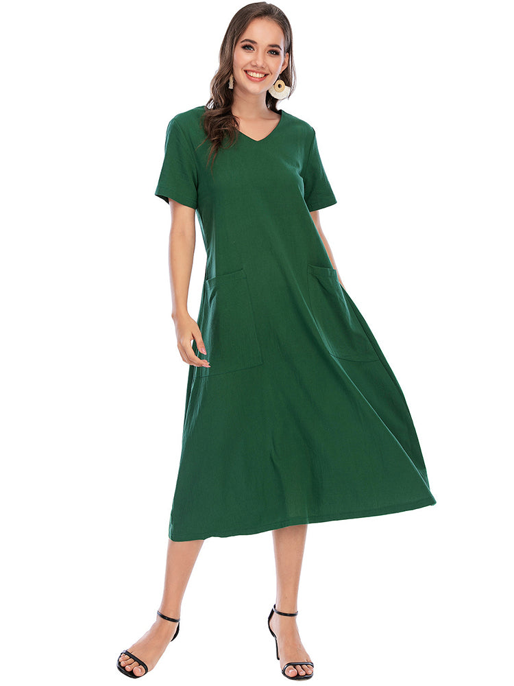 Vintage Short Sleeve V Neck Pockets Dresses