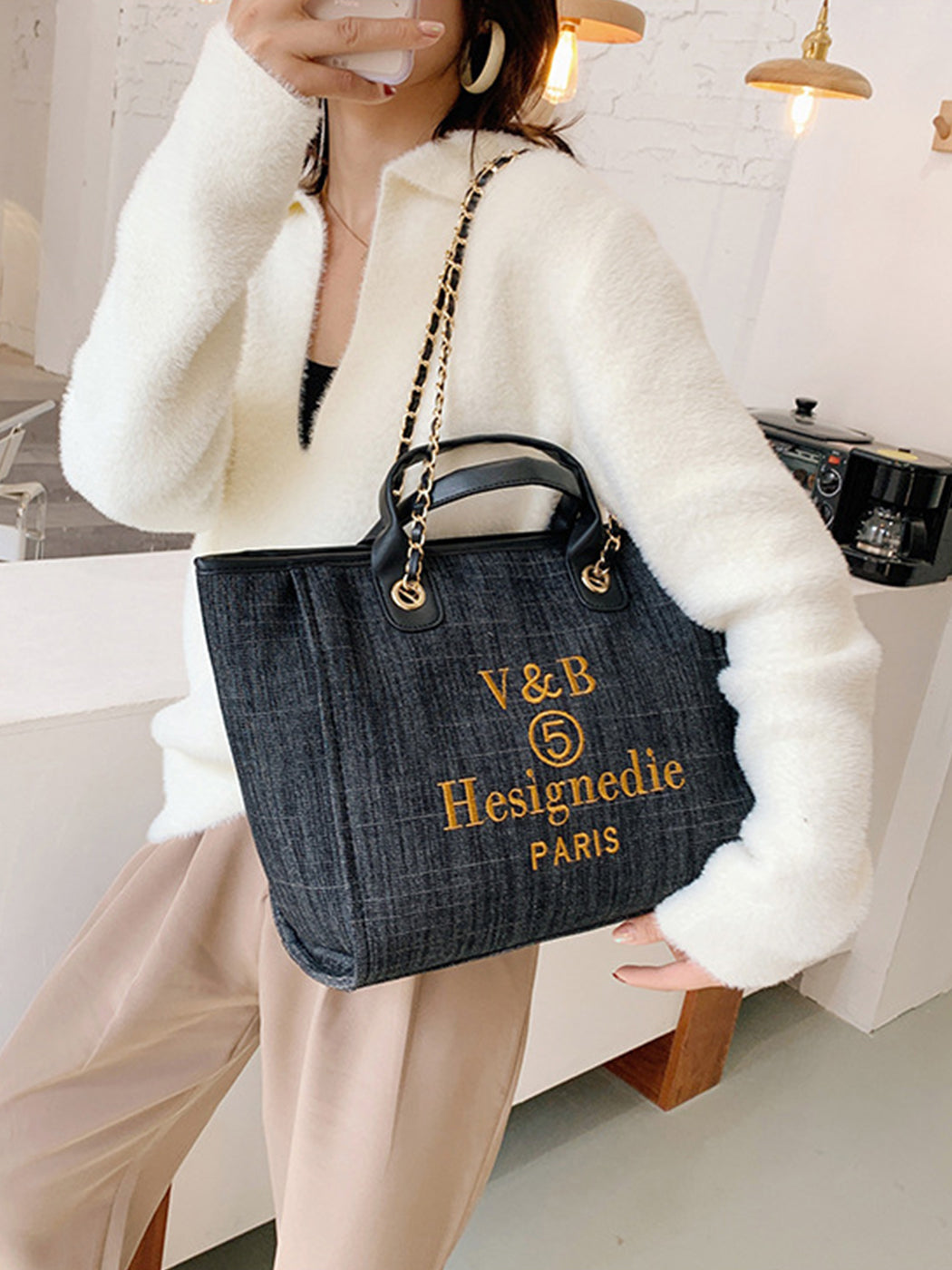 Trendy Denim Large-Capacity Tote Bag