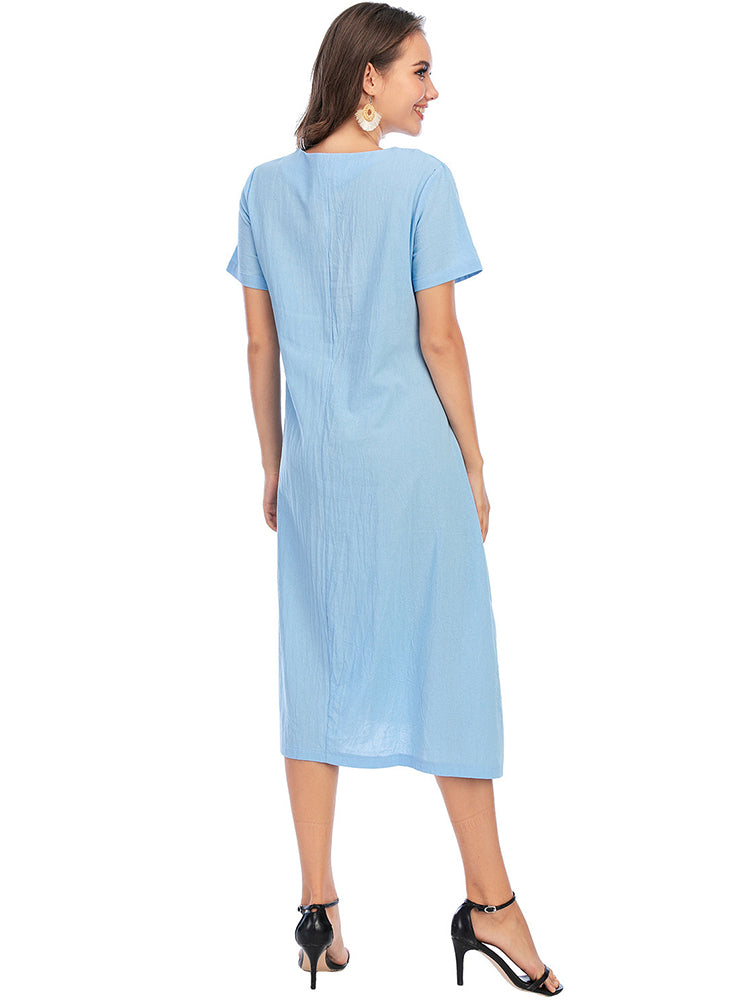 Vintage Short Sleeve V Neck Pockets Dresses