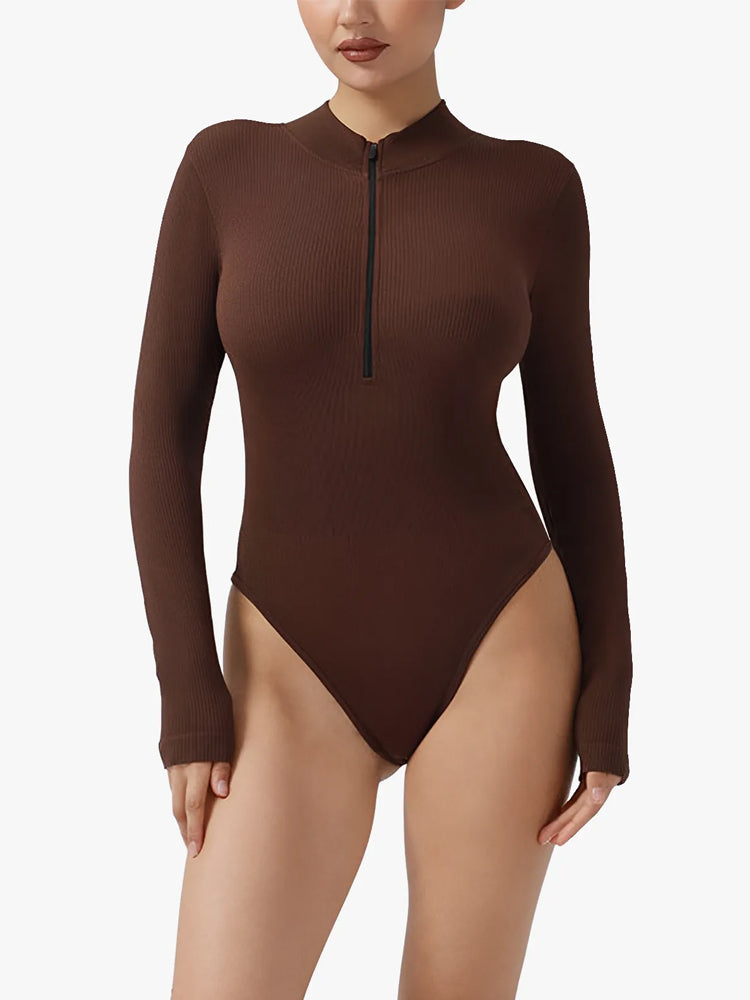 Ribbed Zipper Crotch Opening High Neck Long Sleeve Thong Bodysuits