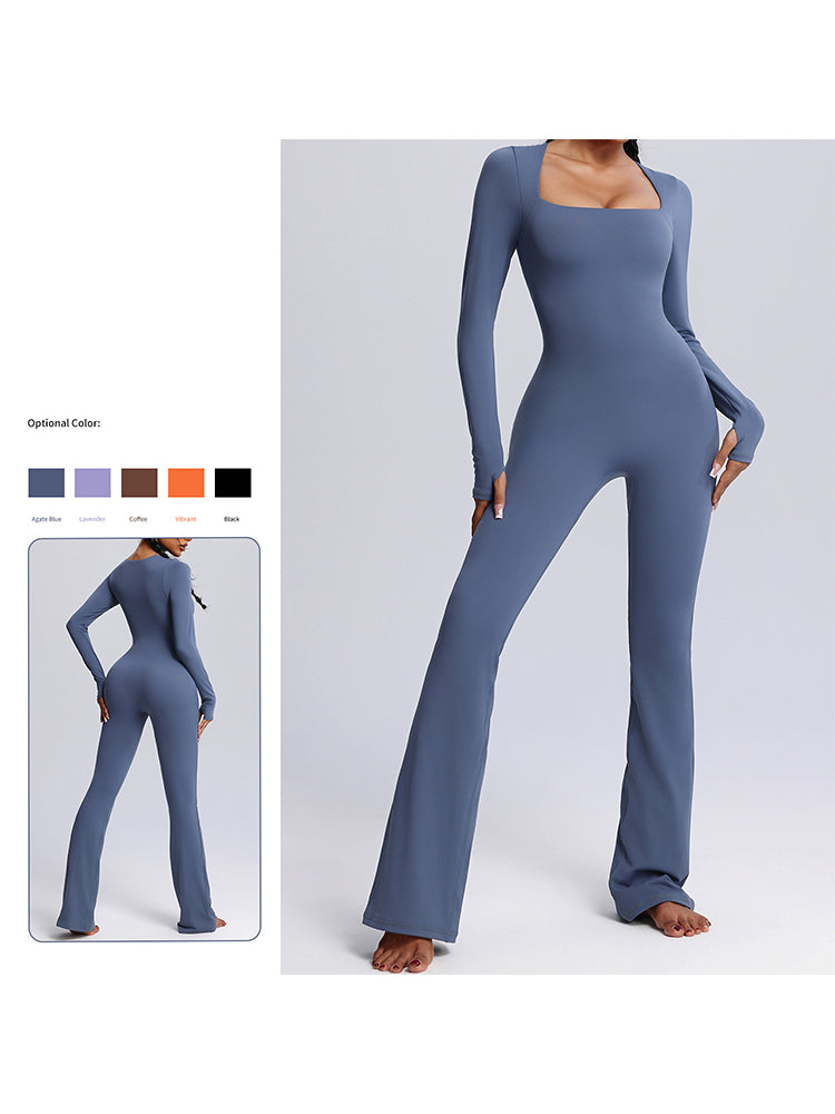 Seamless Full-Body Long-Sleeve Yoga One-Pieces with Square Neckline