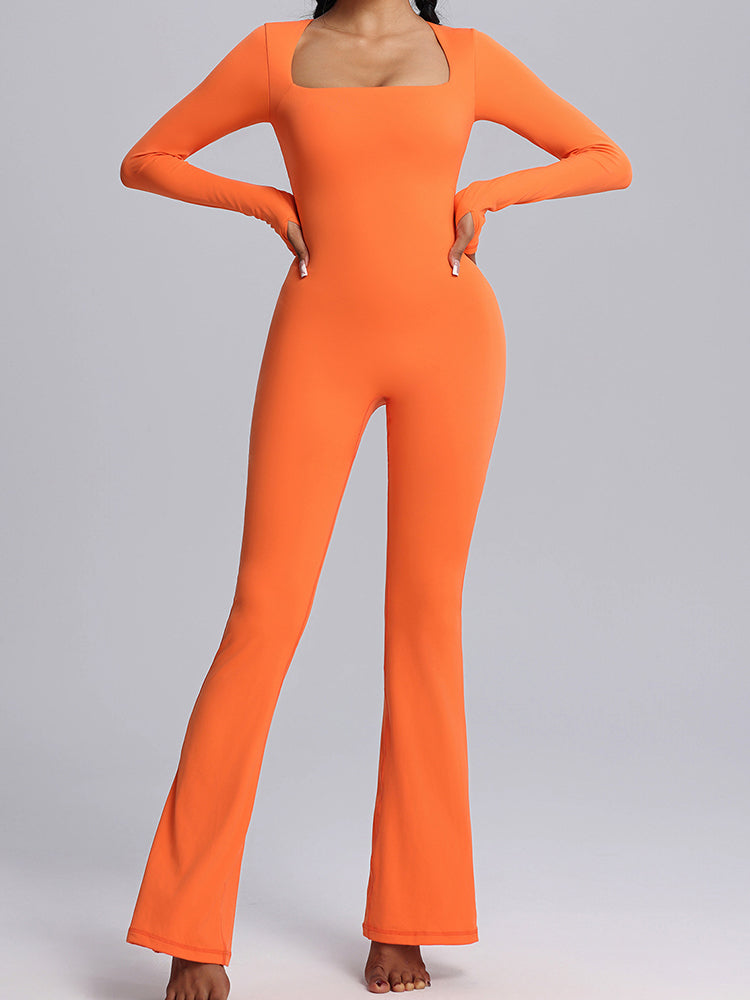 Seamless Full-Body Long-Sleeve Yoga One-Pieces with Square Neckline