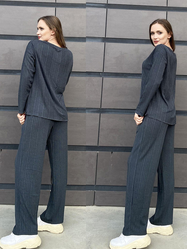 Ribbed Knit Lounge Set with V-Neck for Women