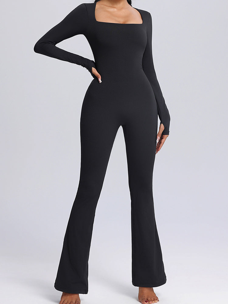 Seamless Full-Body Long-Sleeve Yoga One-Pieces with Square Neckline