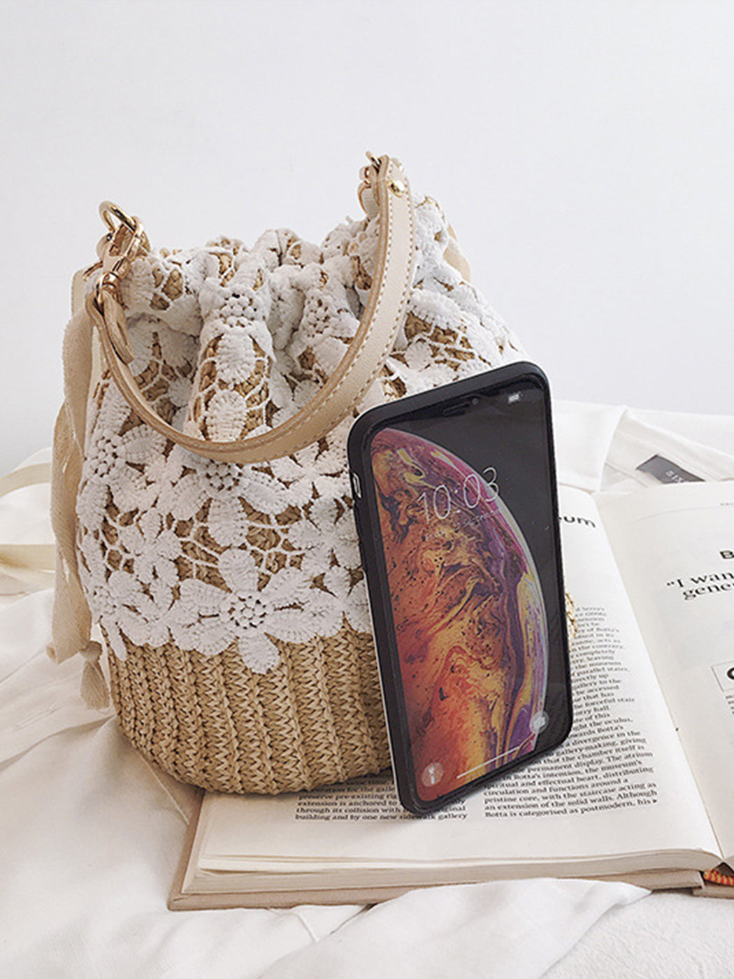 Versatile Lace-Accented Woven Crossbody Bucket Bag
