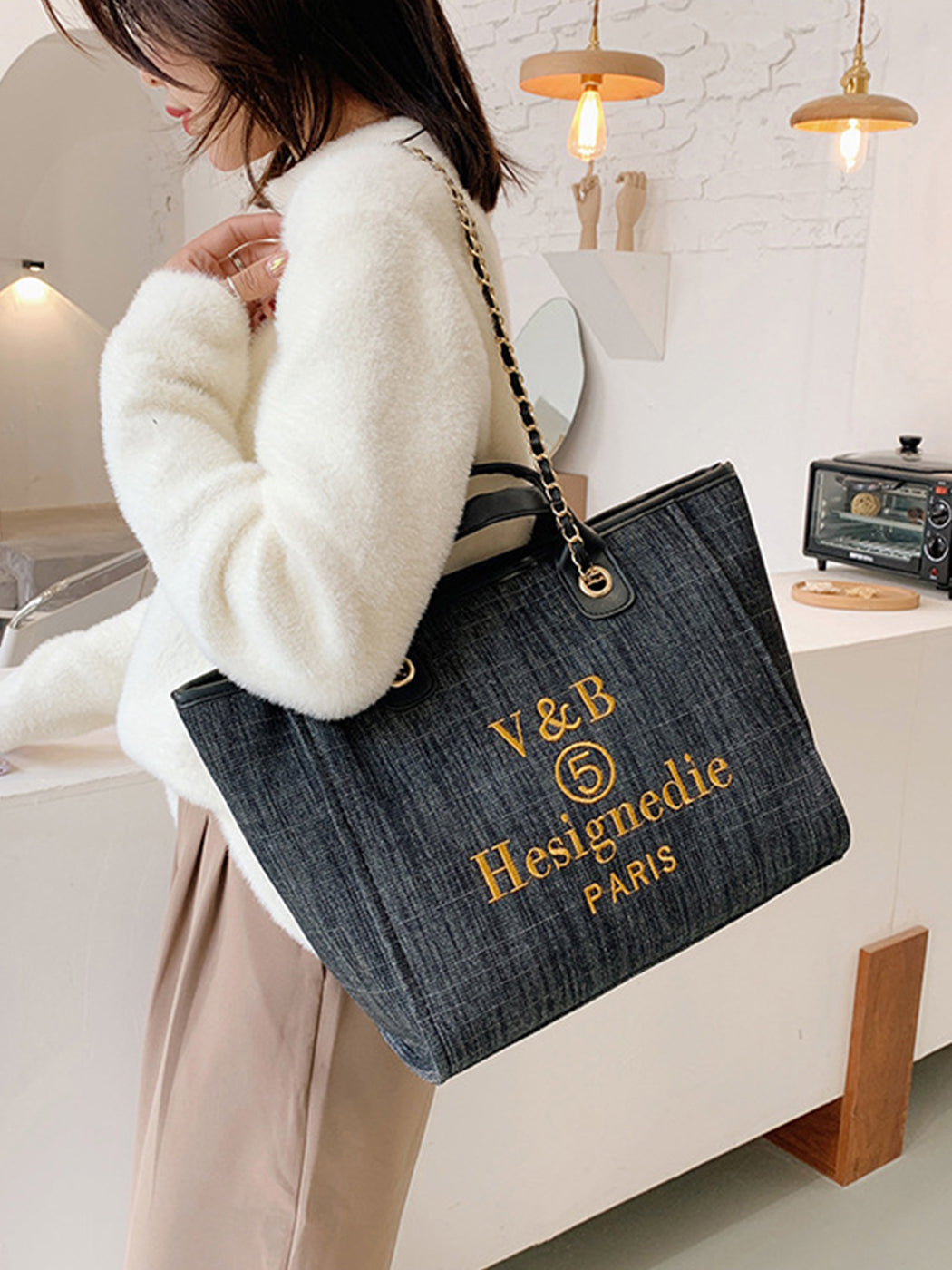Trendy Denim Large-Capacity Tote Bag