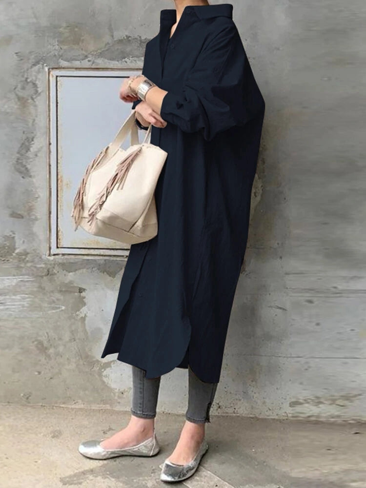 Solid Color Casual Long Sleeve Cotton Shirt Dresses