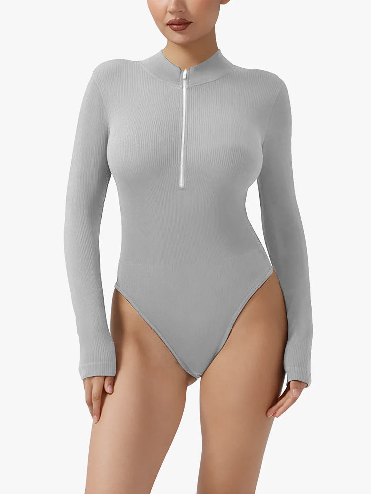 Ribbed Zipper Crotch Opening High Neck Long Sleeve Thong Bodysuits