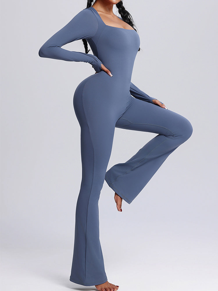 Seamless Full-Body Long-Sleeve Yoga One-Pieces with Square Neckline
