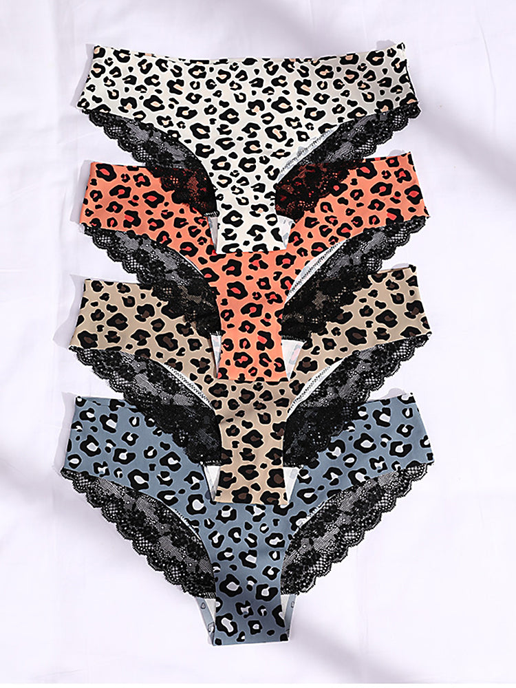 Sexy Leopard Print Lace Trim Ice Silk Briefs