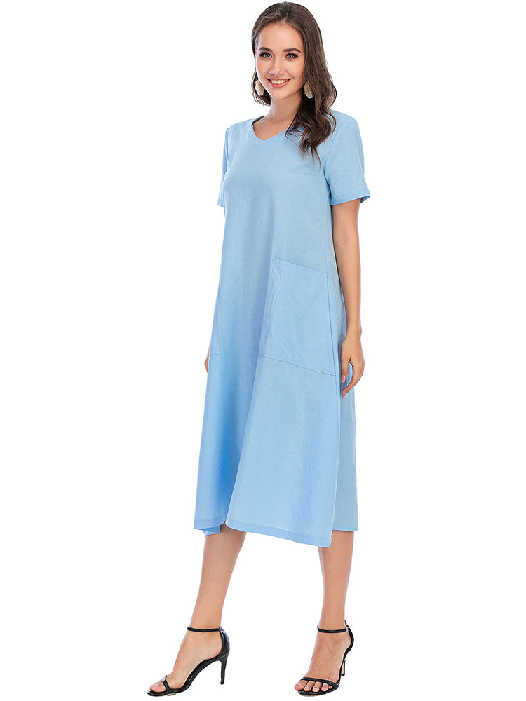 Vintage Short Sleeve V Neck Pockets Dresses