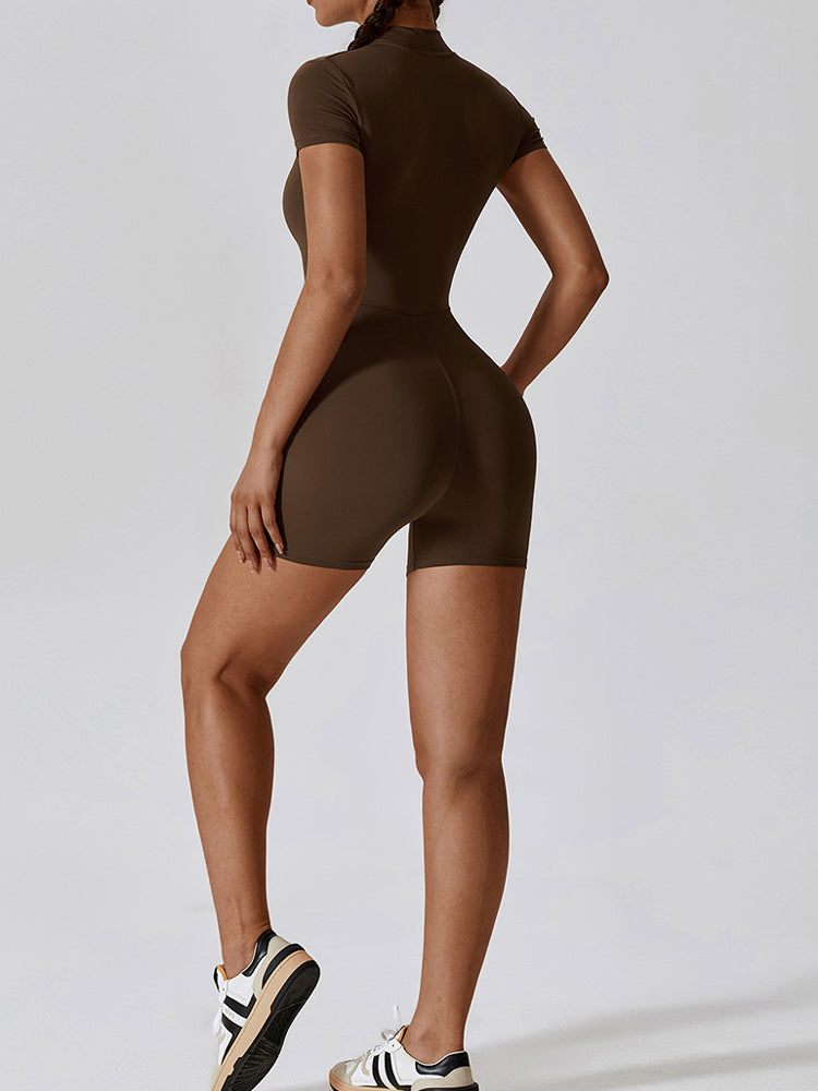 High-Neck Short Sleeve Zip-Up Fitting Activewear Bodysuit