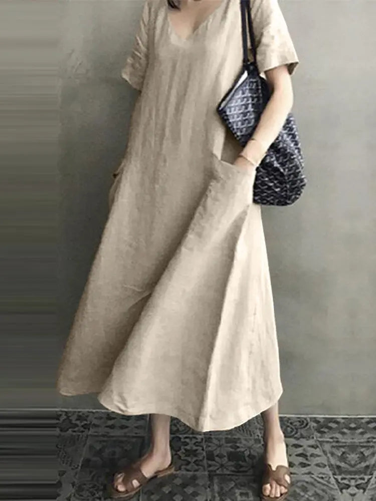 Vintage Short Sleeve V Neck Pockets Dresses