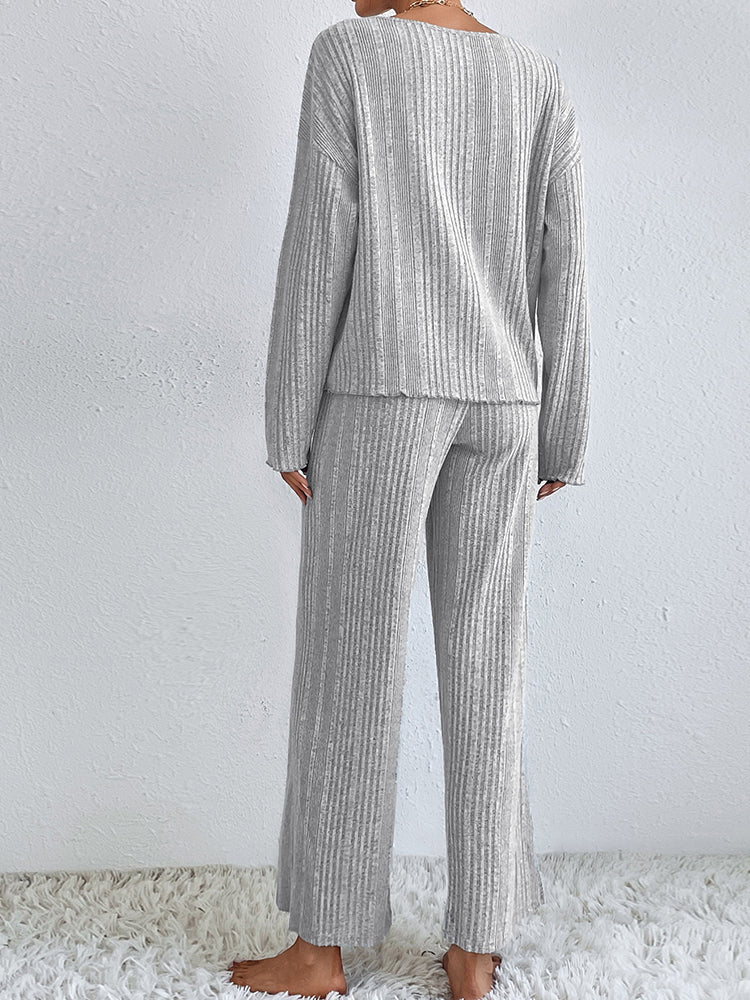 Ribbed Knit Lounge Set with V-Neck for Women