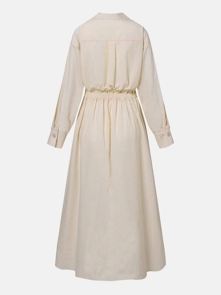Solid Pocket Button Lapel Maxi Shirt Casual Dress