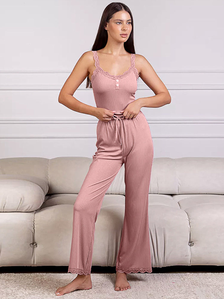 Comfort Lace Strap Tank Top and Long Pants Loungewear Set