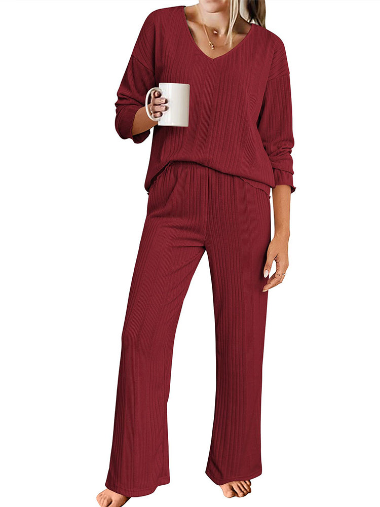 Ribbed Knit Lounge Set with V-Neck for Women