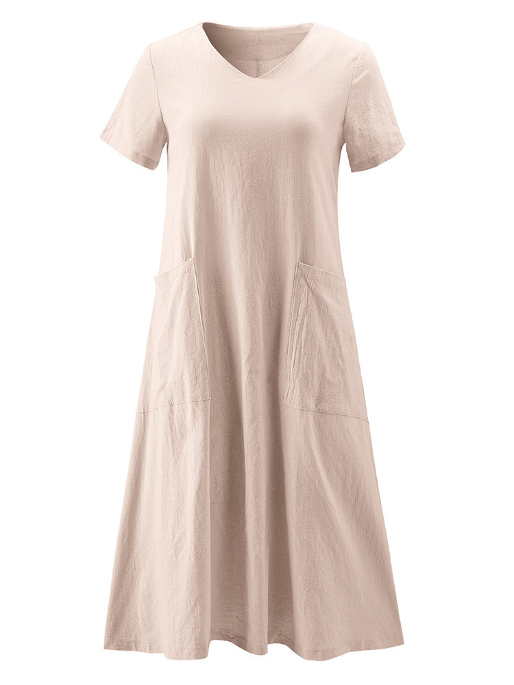 Vintage Short Sleeve V Neck Pockets Dresses