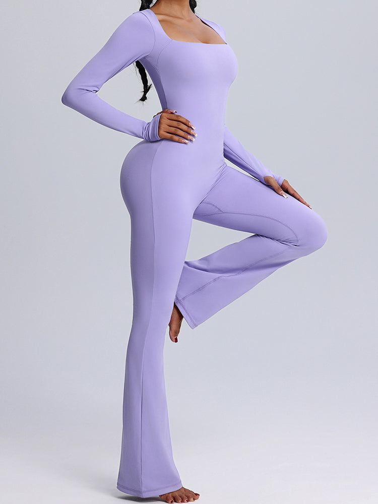 Seamless Full-Body Long-Sleeve Yoga One-Pieces with Square Neckline