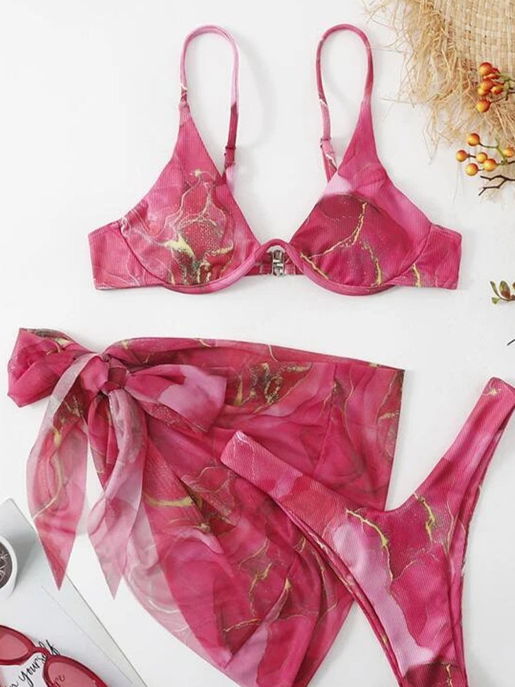 Women's Sexy 3-Piece Ribbed Underwire Bikini Set