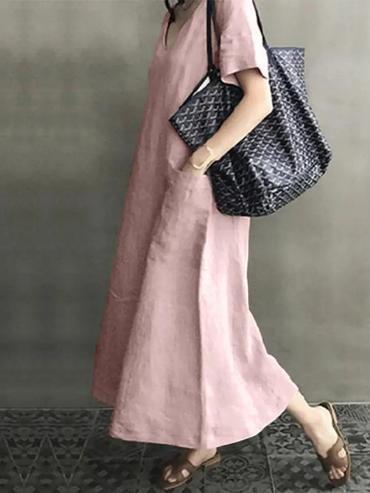 Vintage Short Sleeve V Neck Pockets Dresses