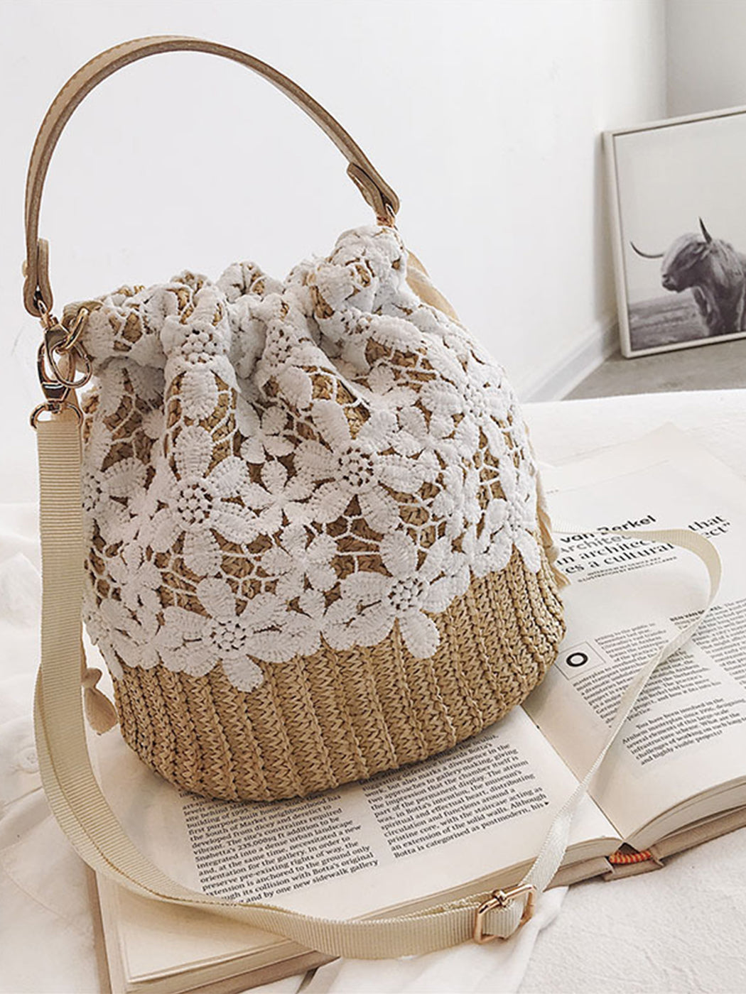 Versatile Lace-Accented Woven Crossbody Bucket Bag