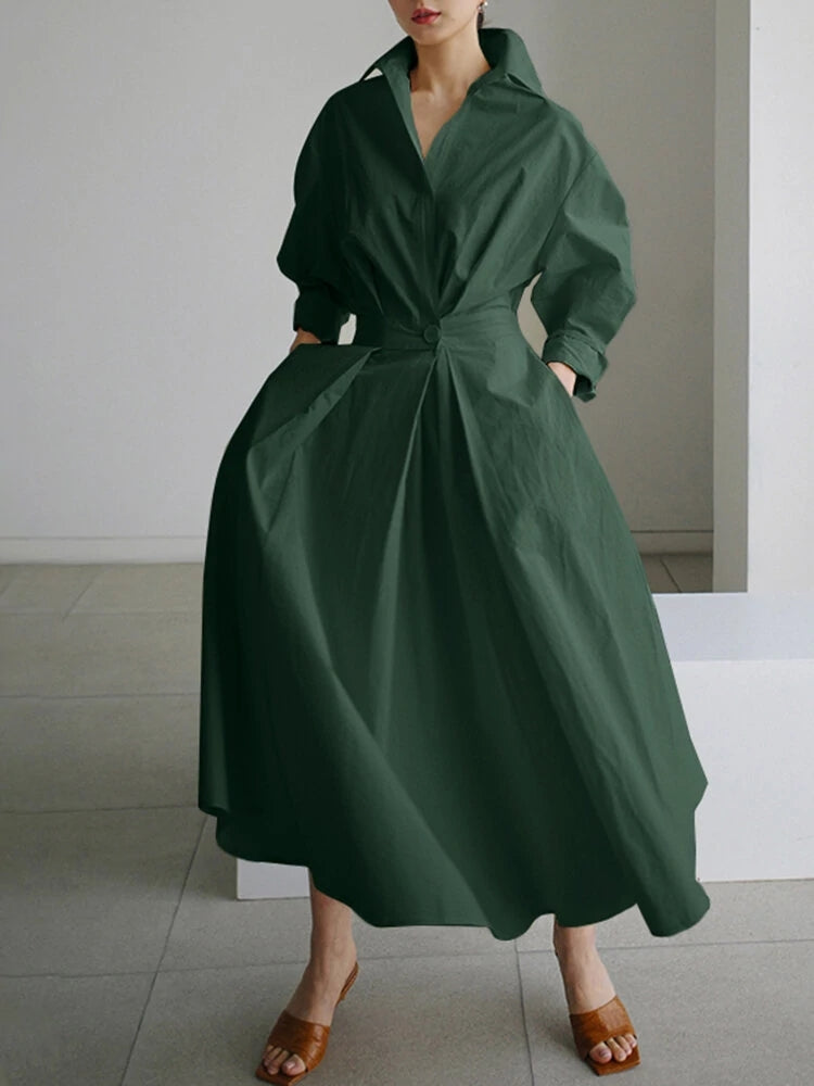 Solid Pocket Button Lapel Maxi Shirt Casual Dress