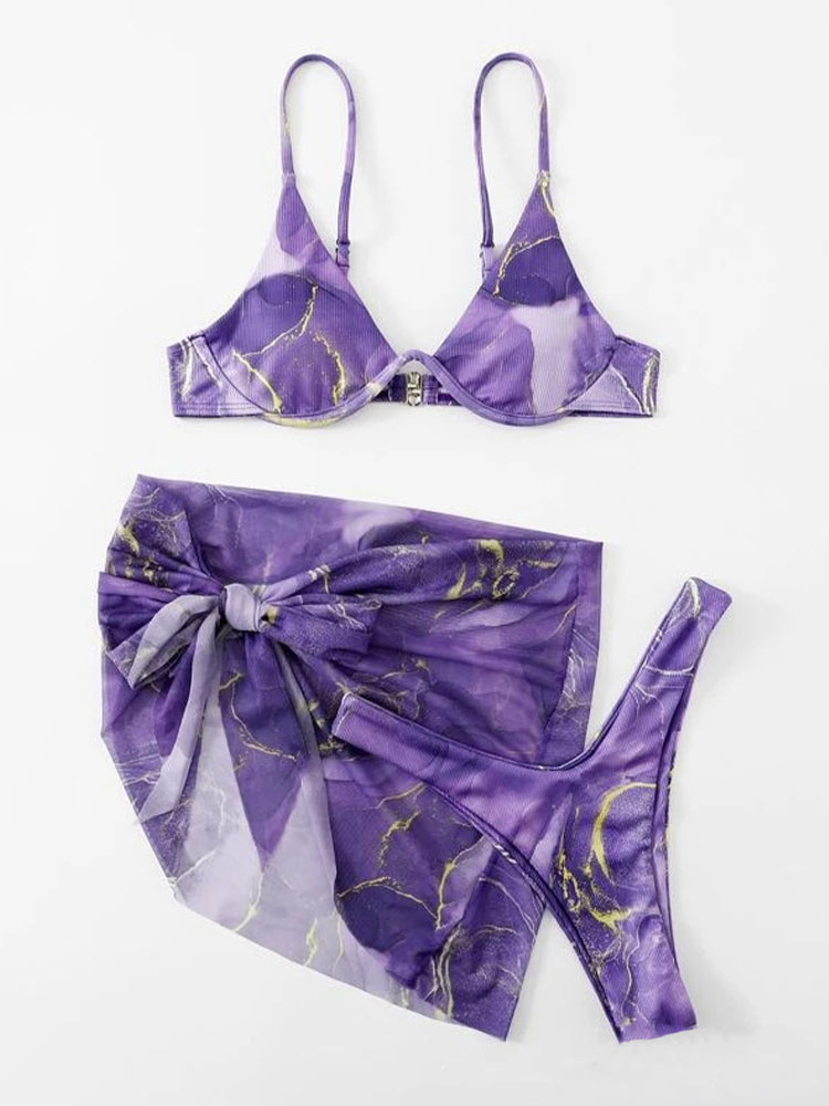 Women's Sexy 3-Piece Ribbed Underwire Bikini Set