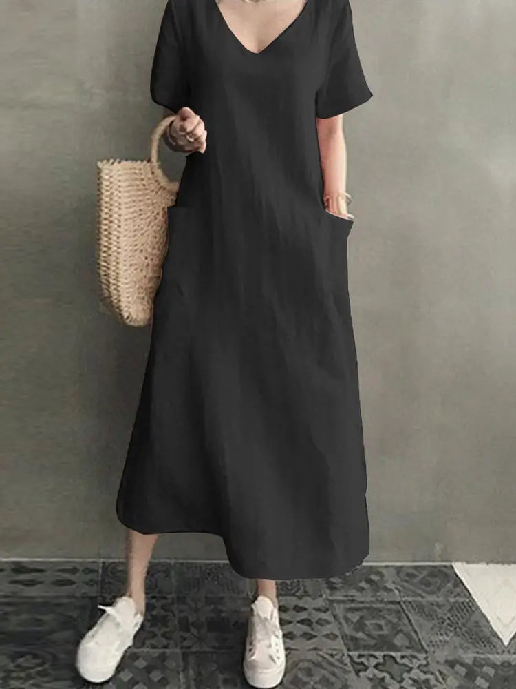 Vintage Short Sleeve V Neck Pockets Dresses